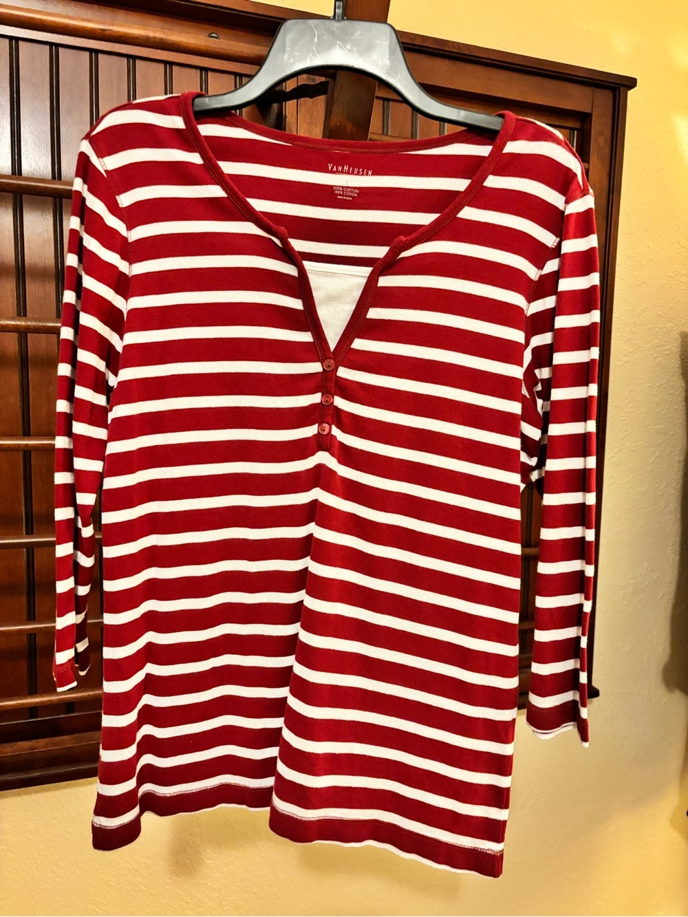 Van Heusen Red and White Striped Scoop Henley Long Sleeve Top